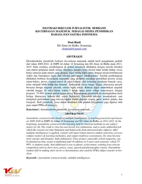 Sampul Ekstrakulrikuler jurnalistik berbasis kecerdasan majemuk sebagai media pendidikan bahasa dan sastra Indonesia